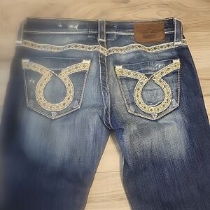 Big Star Sweet Jeans Womens 27R Blue Flared Low Rise Distressed Denim Wiskering